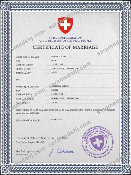 Switzerland marriage certificate PSD template